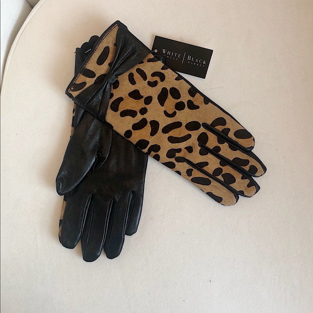 WHBM blk leather gloves with faux leopard front